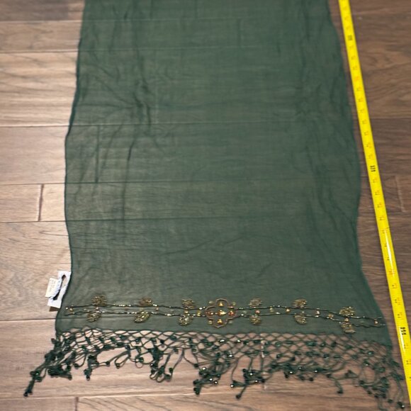 Sue Wong 100% Silk Scarf Dress Green Gold Sheer Shawl Hand Beaded Jewel Large #2 - Picture 14 of 14
